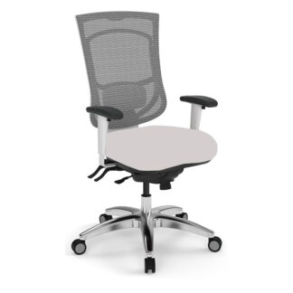 Office chair with mesh back and wheels.