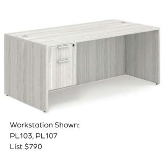 Gray wooden desk with storage drawers.