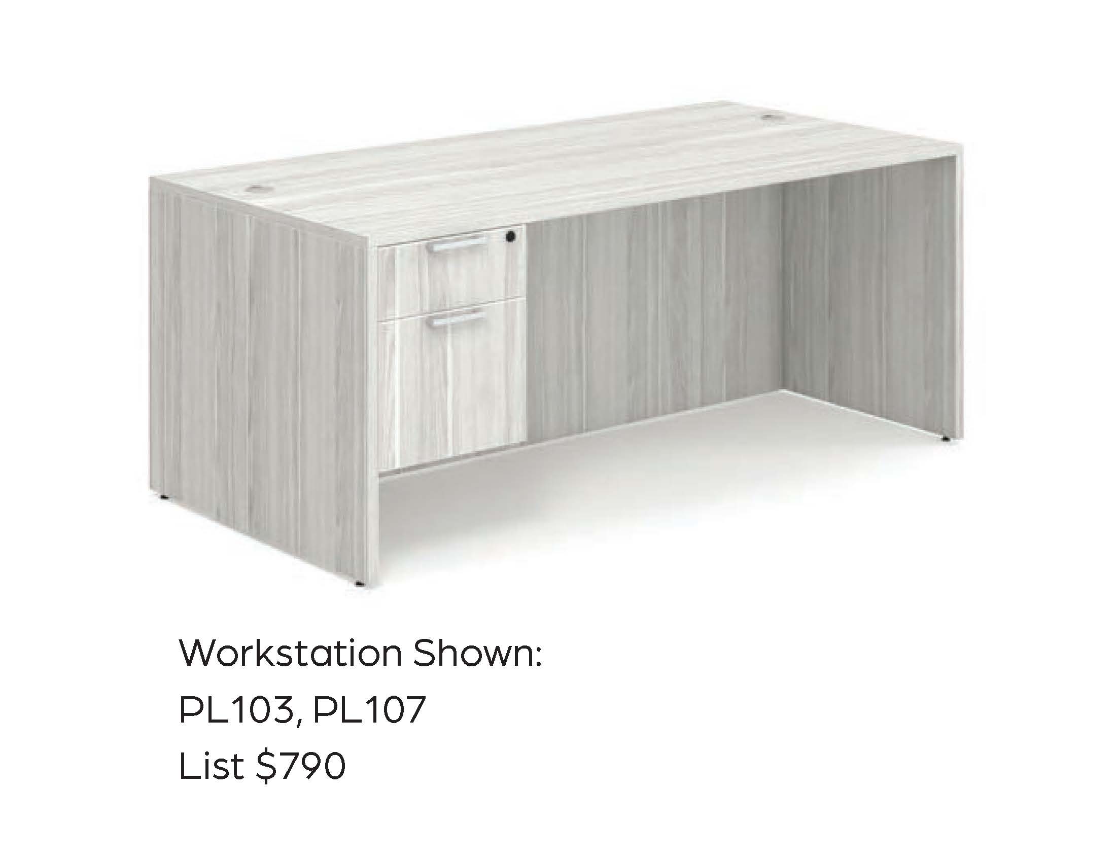 Gray wooden desk with storage drawers.