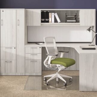Modern office desk with green chair.