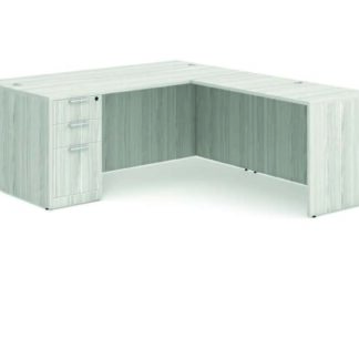 L-shaped office desk with drawer unit.