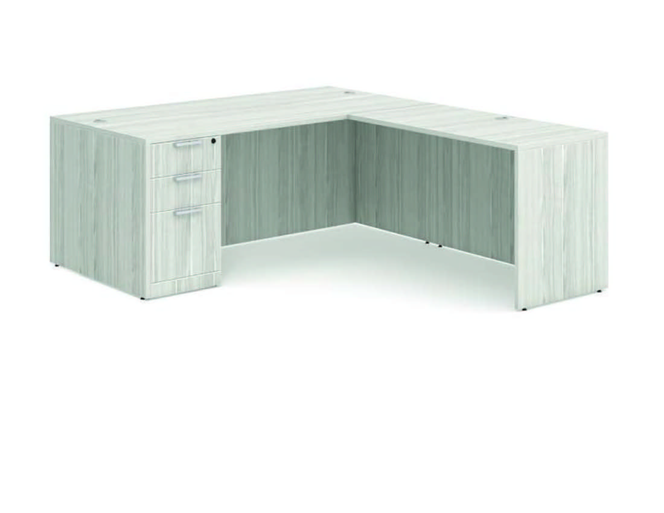 L-shaped office desk with drawer unit.