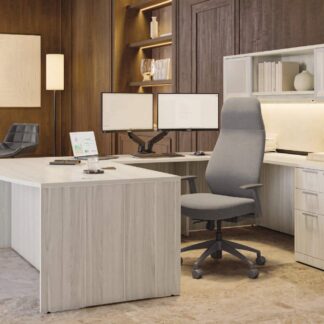 Modern office with desk and chair setup.